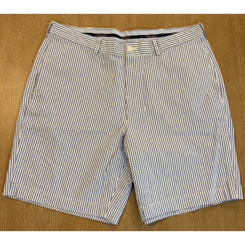 Brooks Brother Shorts Mens 38‎ White Blue Stripes Cotton Seersucker